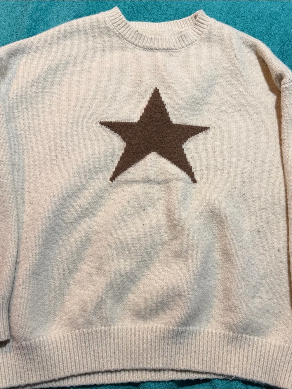 Cream Knit Sweater with Brown Star Accent